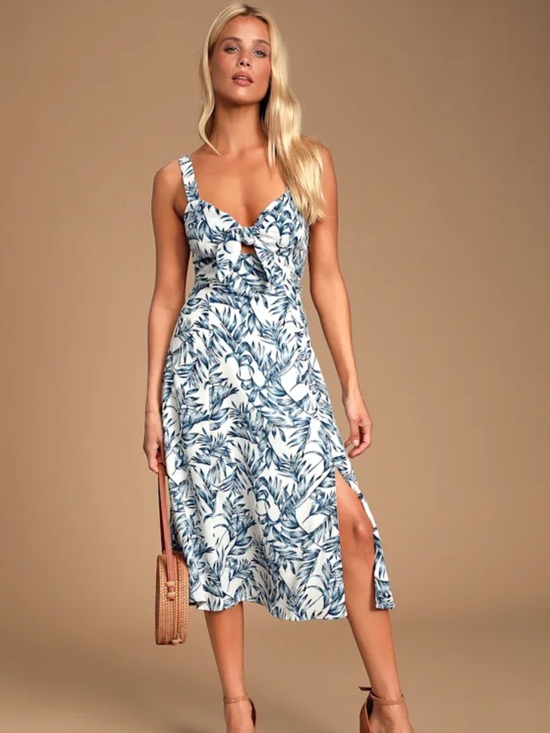 Lulus Dresses & Skirts - Lulus La Paz Blue And White Leaf Print Tie-front Midi Dress - Size L
